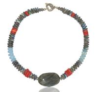 6-3-416 Labrodorite, Aquamarine and Coral Beaded Necklace by Ross Coppelman